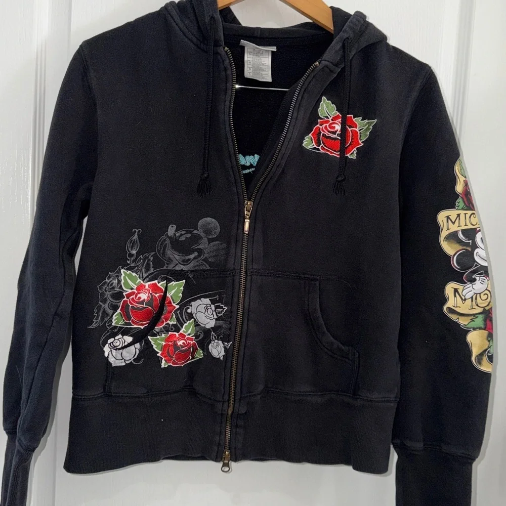 Rare 2000s Disney Mickey Mouse Double Zip Hoodie Rose Embroidery Size large - Picture 5 of 7